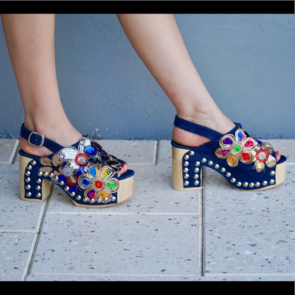 Jeffrey Campbell Navy Platform Sandals with Multicolor Floral Embellishments
